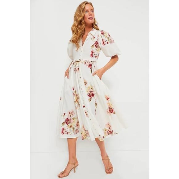 NWT byTiMo Mini Rosette Linen Button Down A-line Midi Cotton White Dress Small - Picture 1 of 7